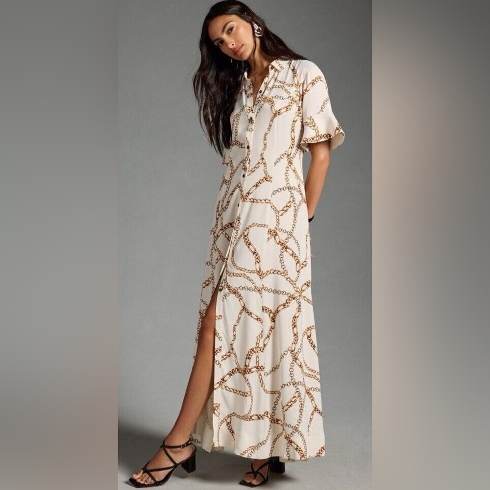 Anthropologie Maeve Cream Chain-Print Button-Front Short sleeveMaxi Dress small